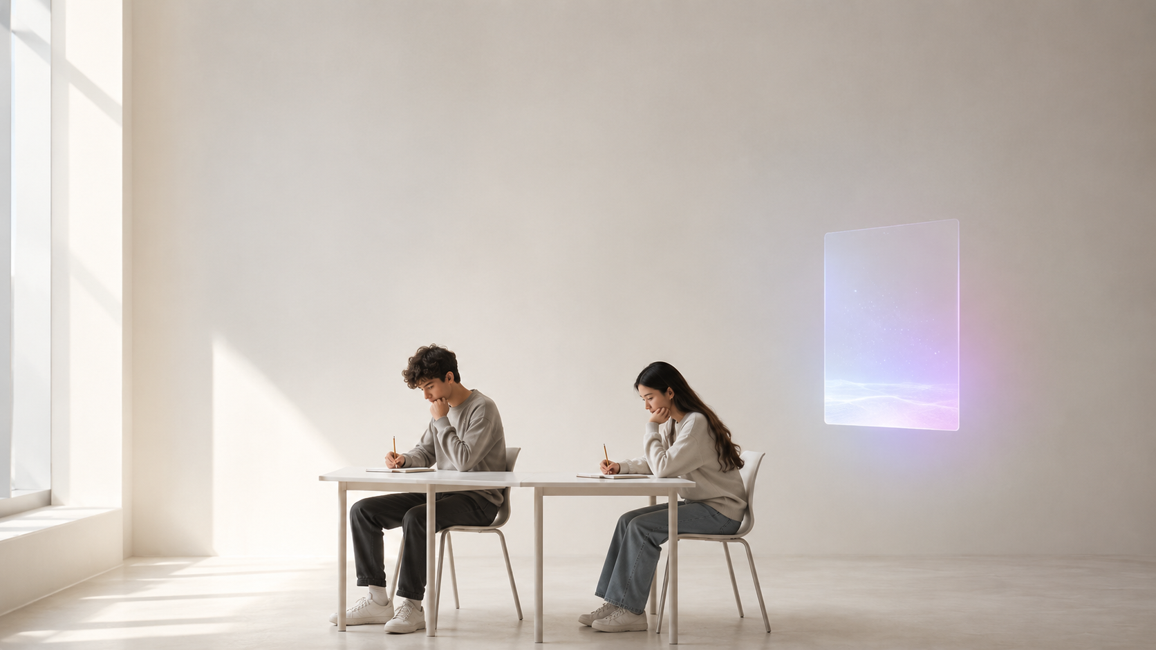 Two students writing by hand in a bright room while a faint screen glows on the far wall